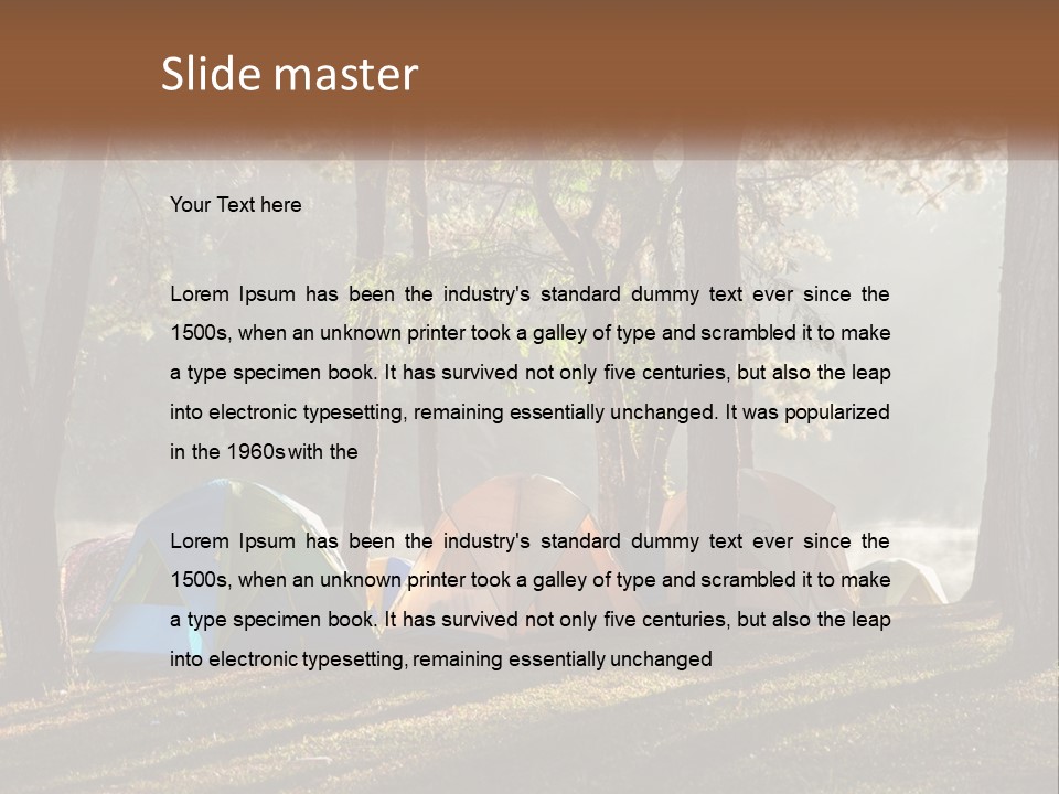 A Group Of Tents In The Woods With A Lake In The Background PowerPoint Template