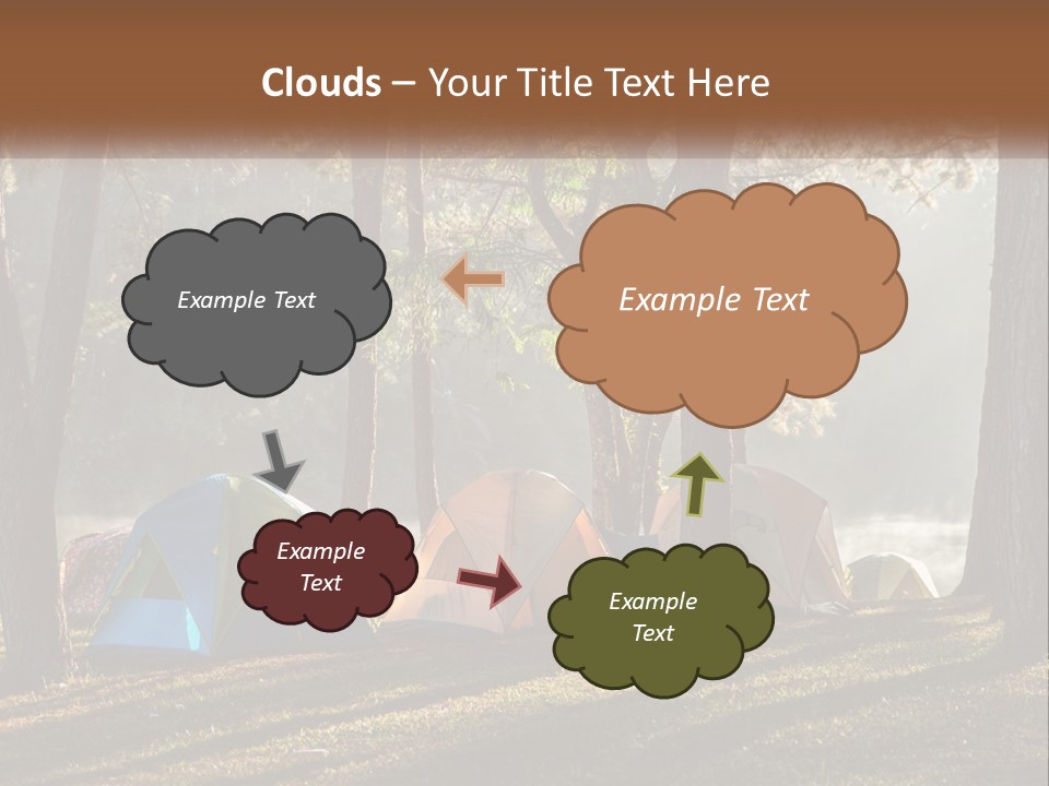 A Group Of Tents In The Woods With A Lake In The Background PowerPoint Template