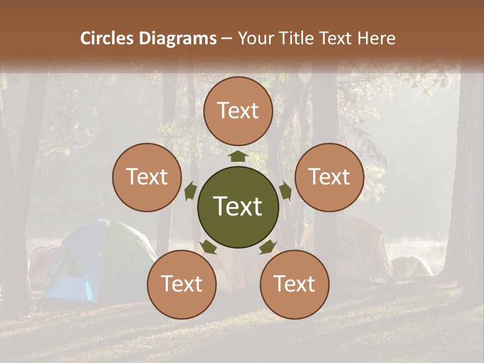 A Group Of Tents In The Woods With A Lake In The Background PowerPoint Template