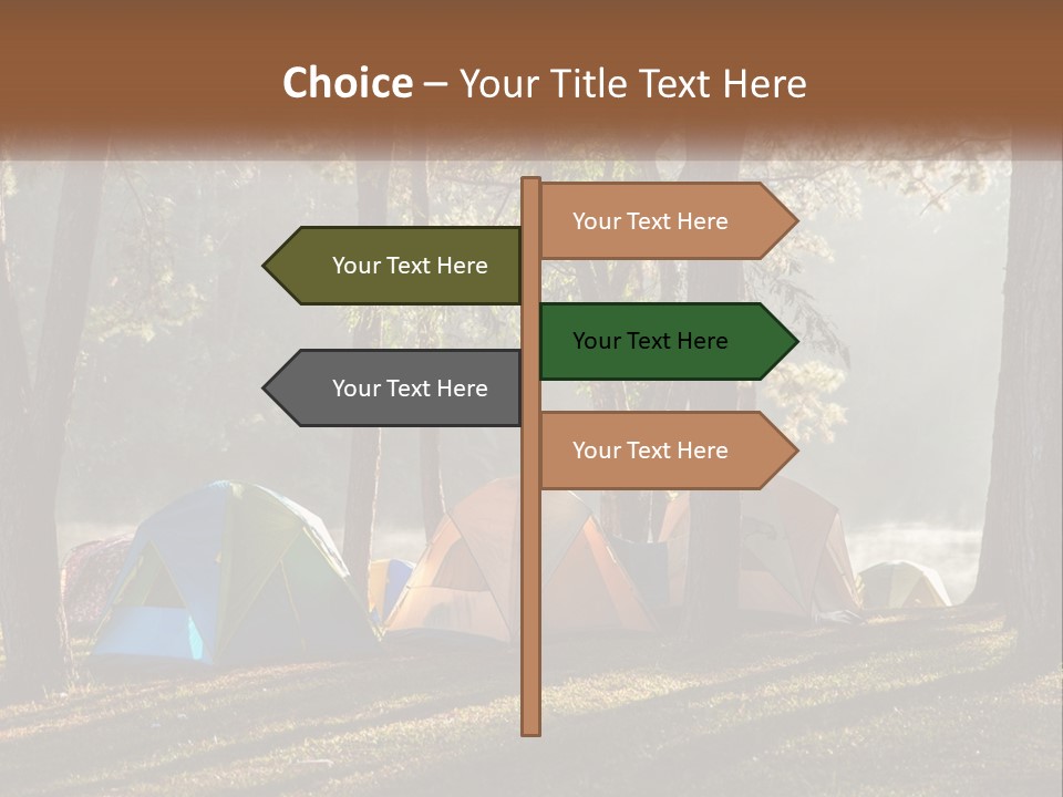 A Group Of Tents In The Woods With A Lake In The Background PowerPoint Template