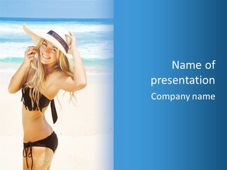 A Woman In A Bikini And Hat On The Beach PowerPoint Template