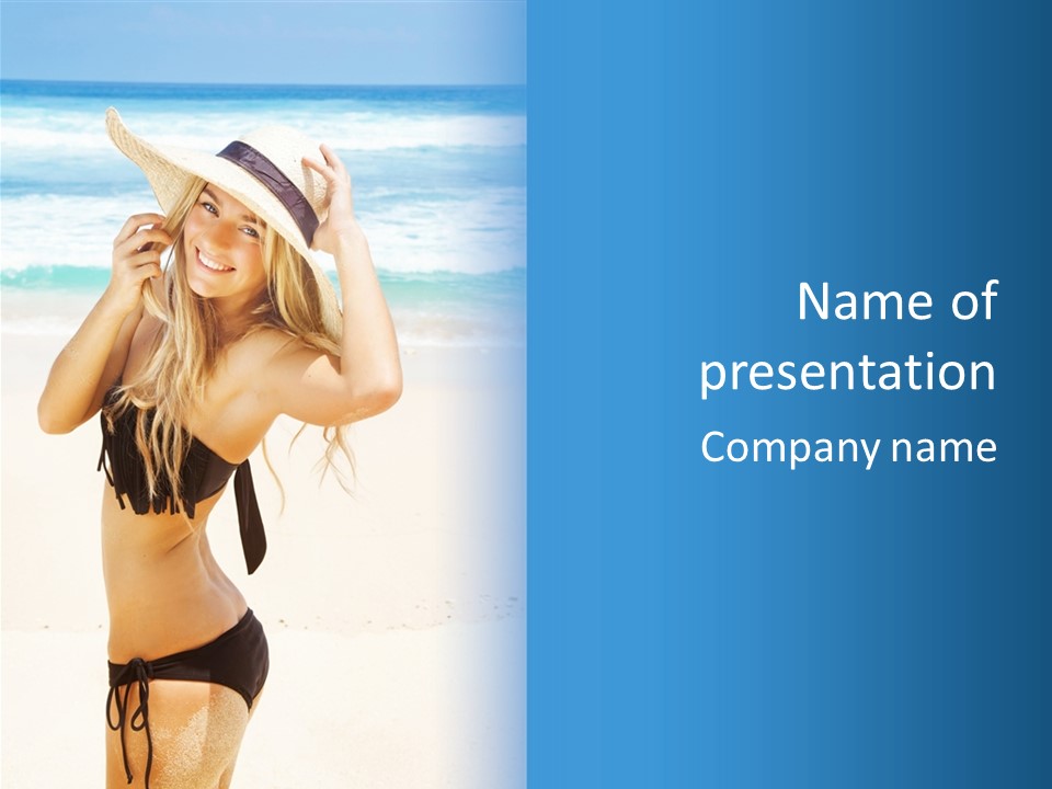 A Woman In A Bikini And Hat On The Beach PowerPoint Template