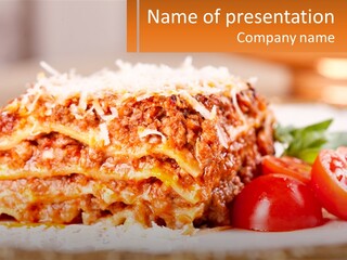 A Plate With Lasagna And Tomatoes On It PowerPoint Template