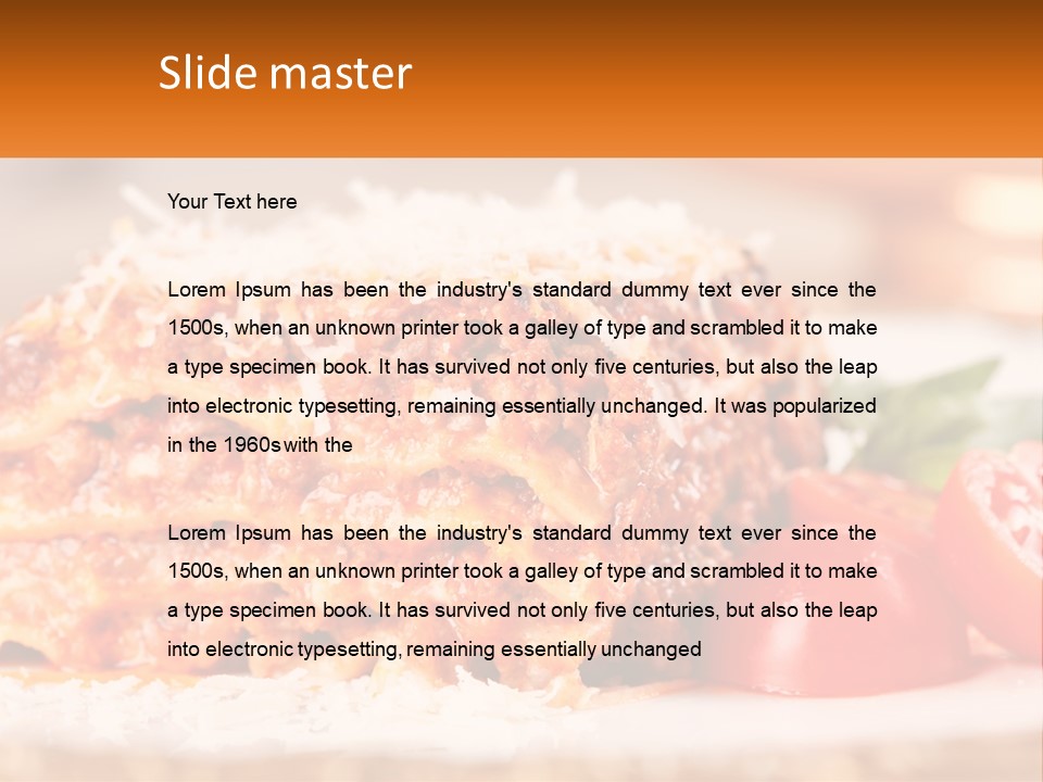 A Plate With Lasagna And Tomatoes On It PowerPoint Template