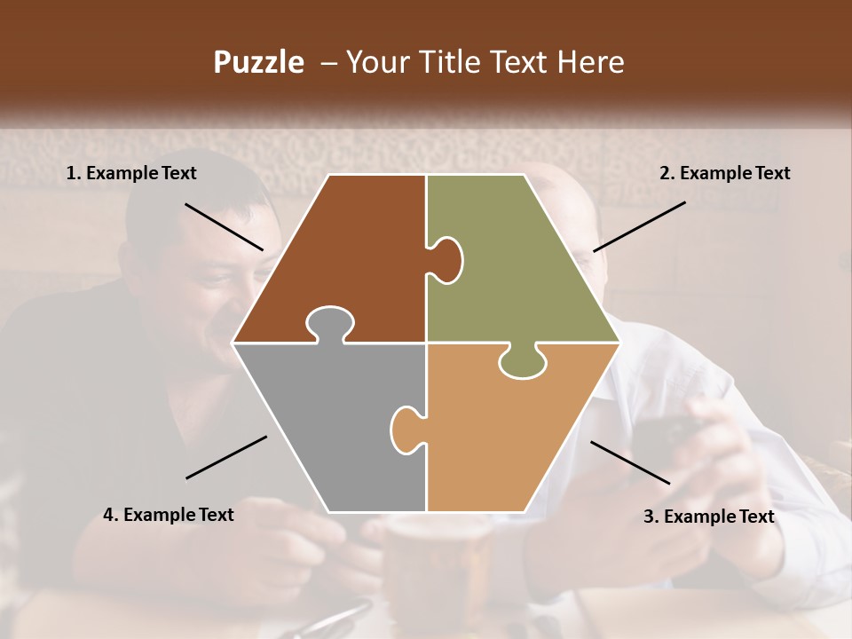 Two Men Sitting At A Table Looking At A Cell Phone PowerPoint Template