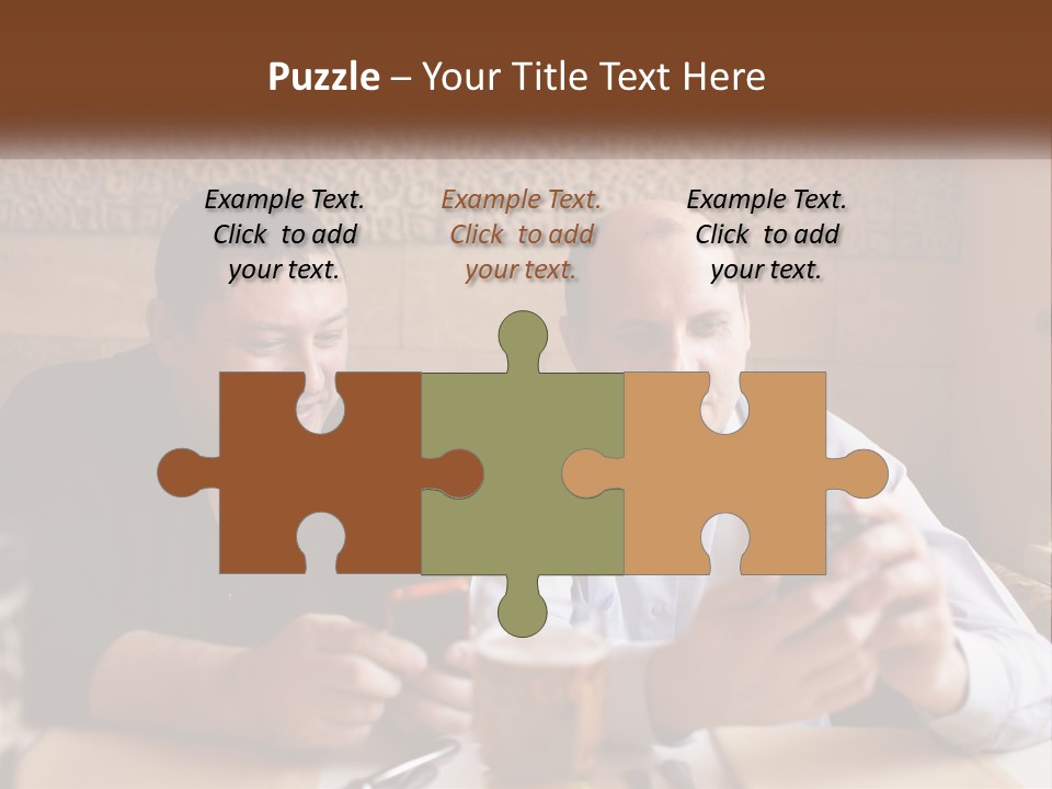 Two Men Sitting At A Table Looking At A Cell Phone PowerPoint Template