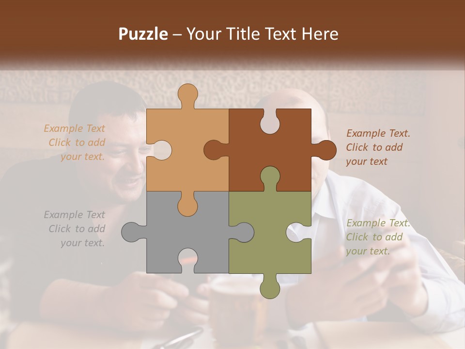 Two Men Sitting At A Table Looking At A Cell Phone PowerPoint Template