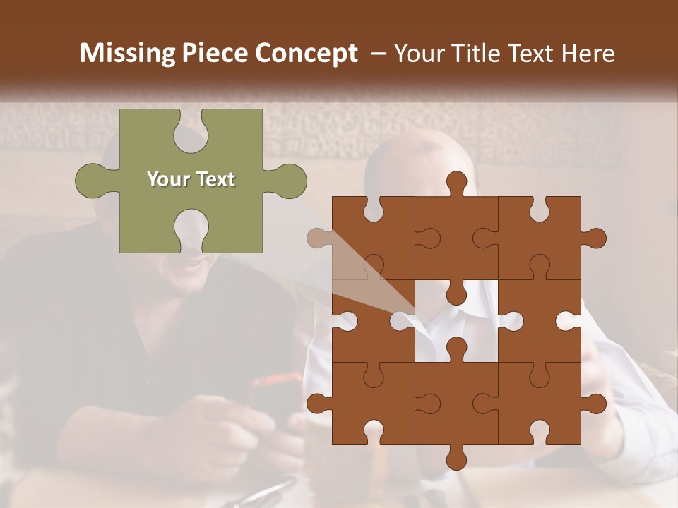 Two Men Sitting At A Table Looking At A Cell Phone PowerPoint Template