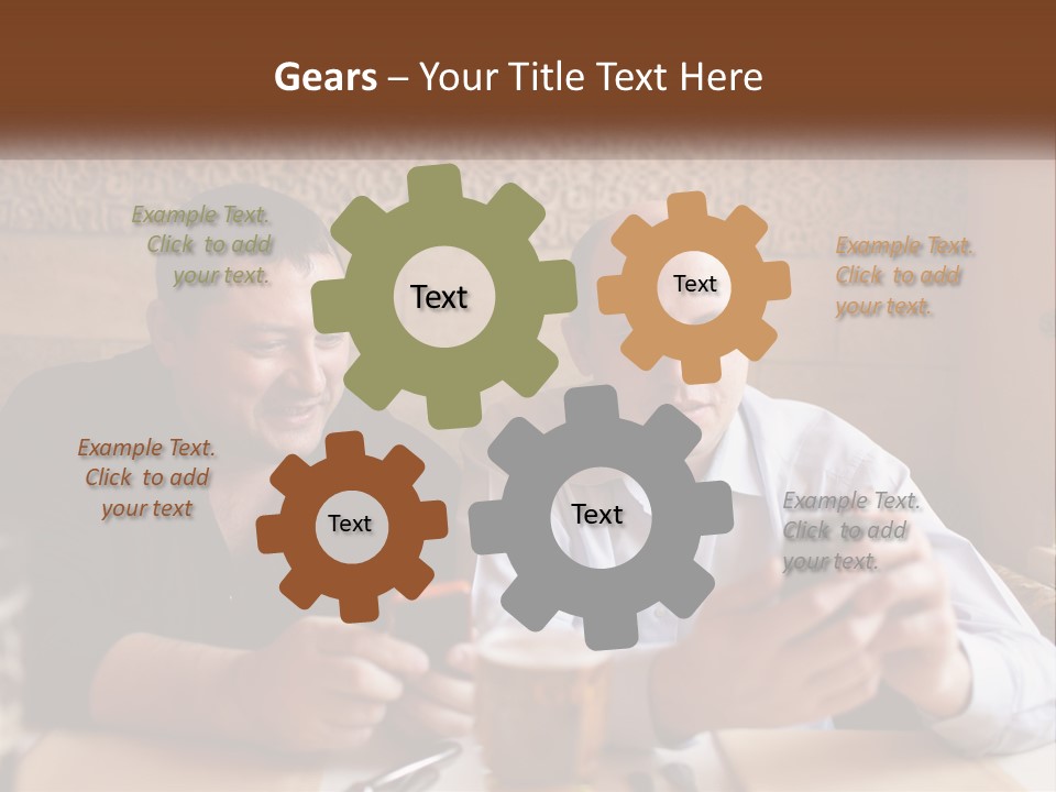 Two Men Sitting At A Table Looking At A Cell Phone PowerPoint Template