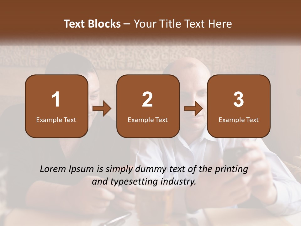 Two Men Sitting At A Table Looking At A Cell Phone PowerPoint Template