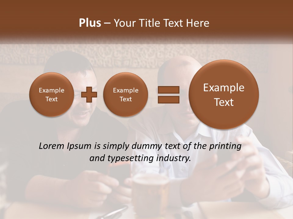 Two Men Sitting At A Table Looking At A Cell Phone PowerPoint Template