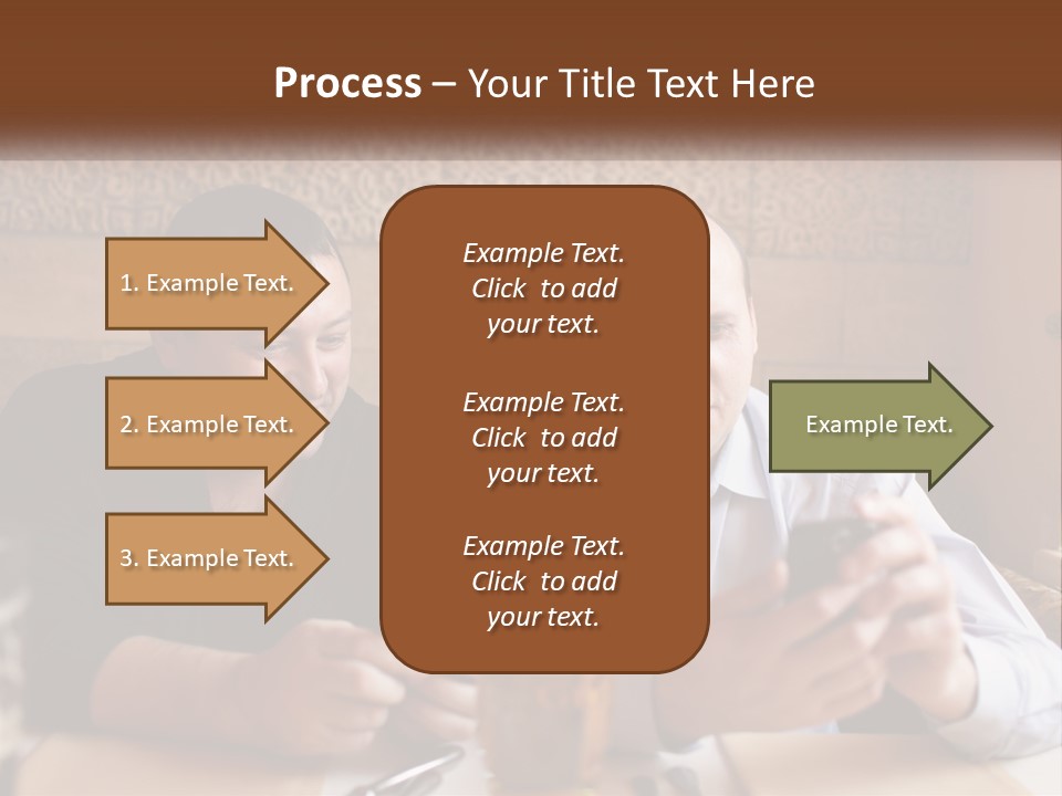 Two Men Sitting At A Table Looking At A Cell Phone PowerPoint Template