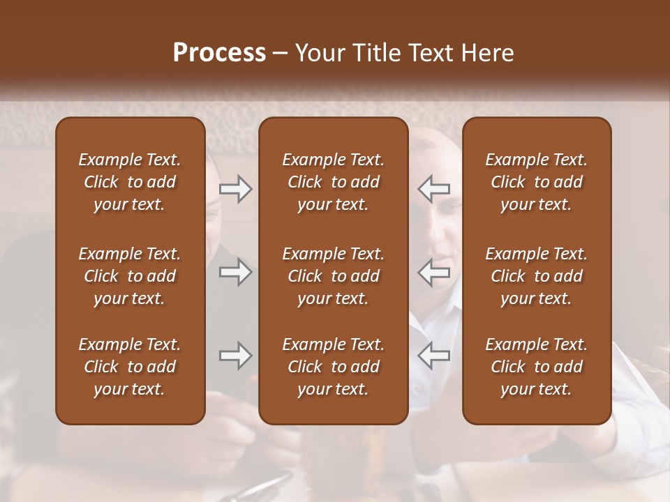 Two Men Sitting At A Table Looking At A Cell Phone PowerPoint Template