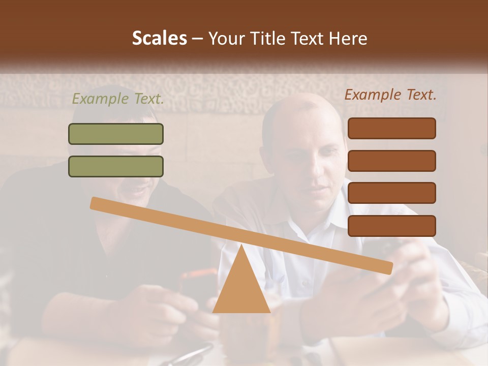 Two Men Sitting At A Table Looking At A Cell Phone PowerPoint Template