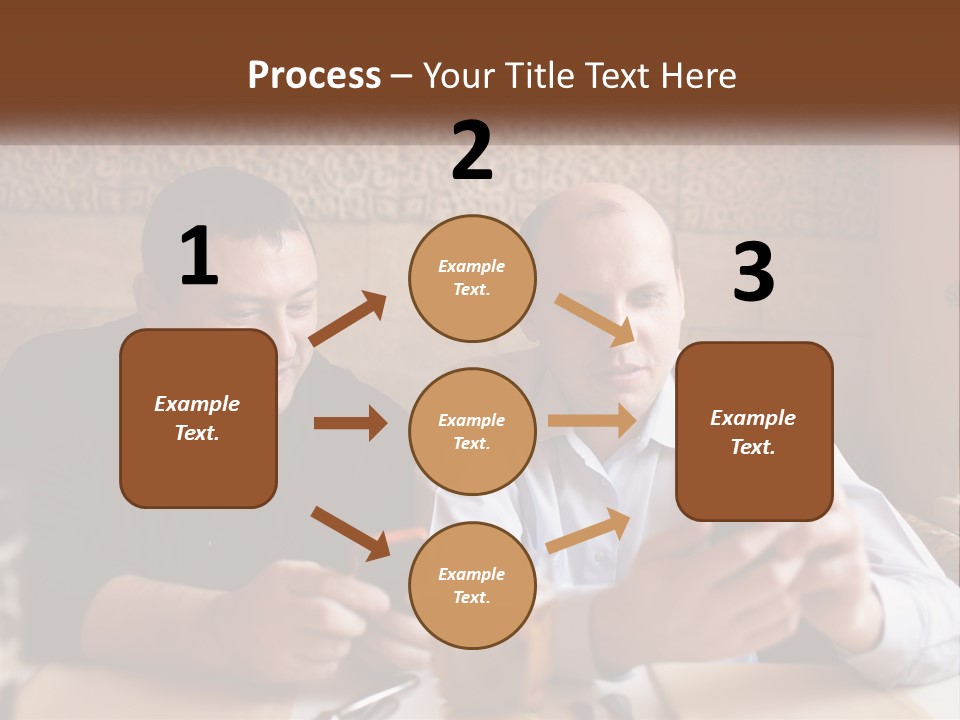 Two Men Sitting At A Table Looking At A Cell Phone PowerPoint Template