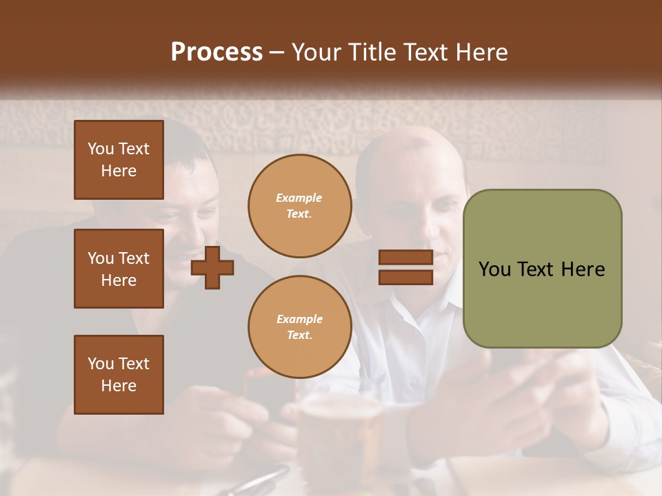 Two Men Sitting At A Table Looking At A Cell Phone PowerPoint Template