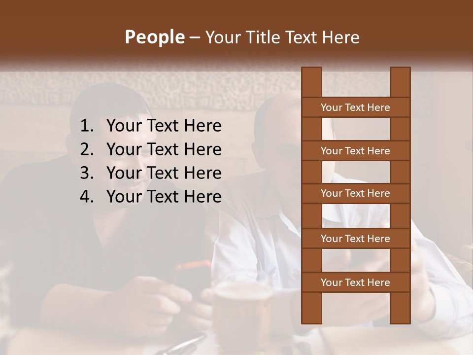 Two Men Sitting At A Table Looking At A Cell Phone PowerPoint Template
