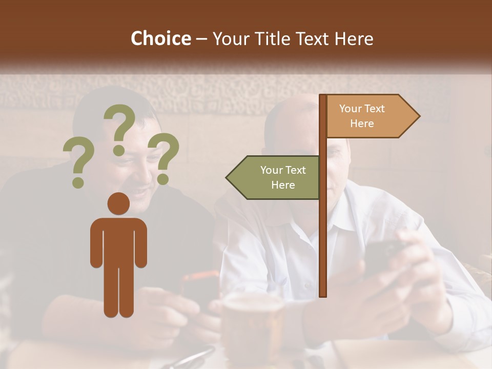 Two Men Sitting At A Table Looking At A Cell Phone PowerPoint Template