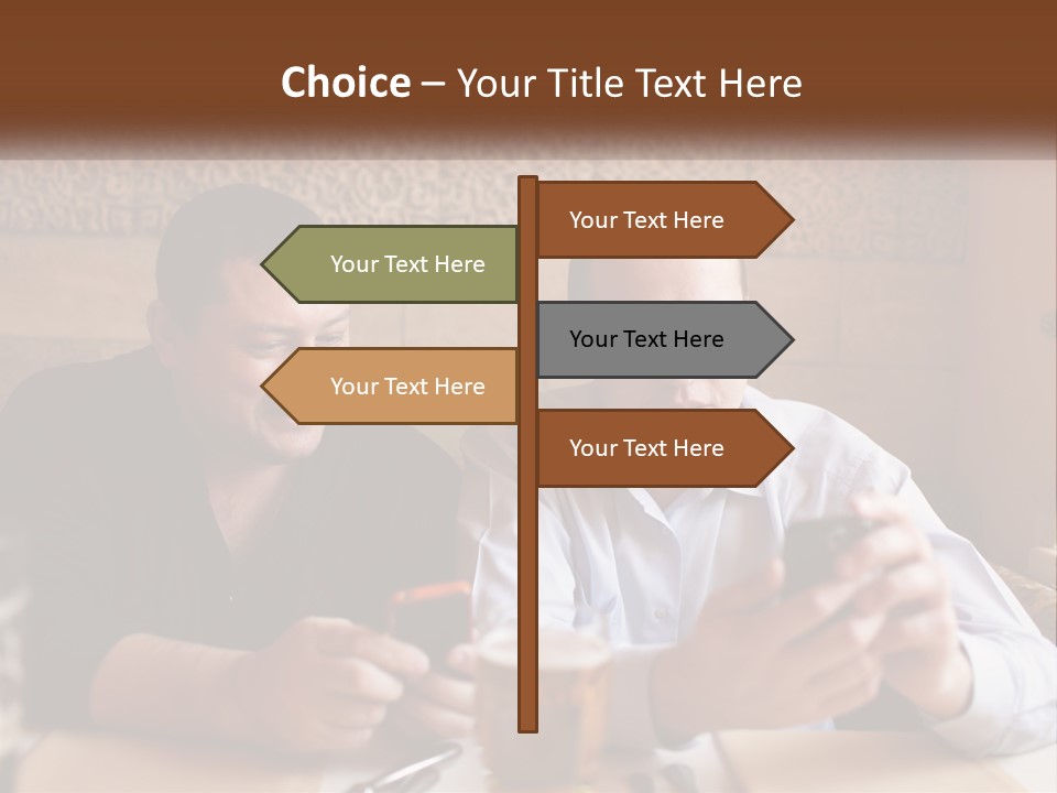 Two Men Sitting At A Table Looking At A Cell Phone PowerPoint Template