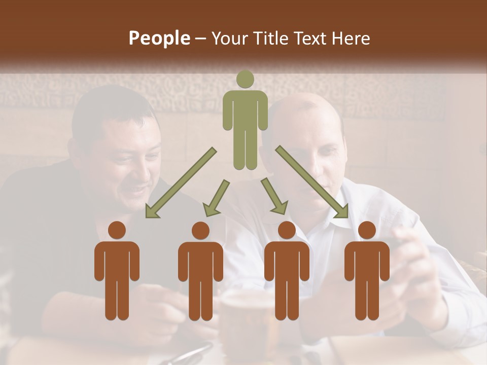 Two Men Sitting At A Table Looking At A Cell Phone PowerPoint Template