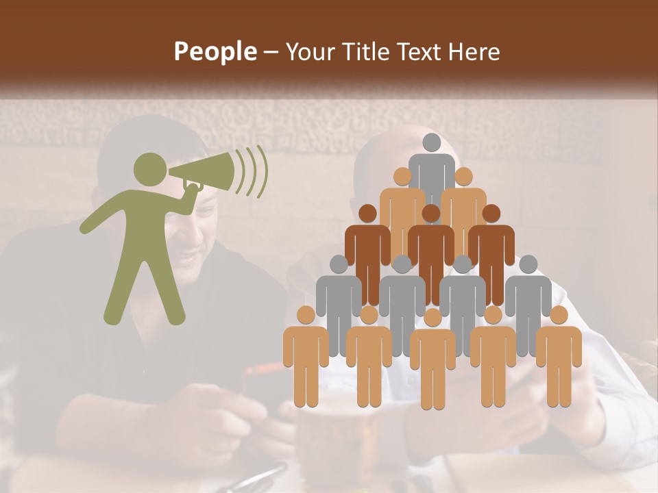 Two Men Sitting At A Table Looking At A Cell Phone PowerPoint Template