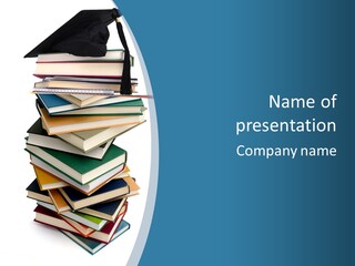 A Stack Of Books With A Graduation Cap On Top Of It PowerPoint Template