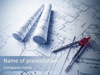 A Pair Of Scissors And Some Blueprints On A Table PowerPoint Template