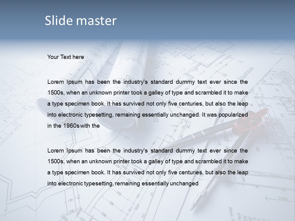 A Pair Of Scissors And Some Blueprints On A Table PowerPoint Template
