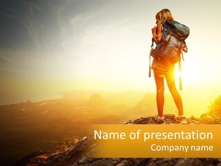 A Woman Standing On Top Of A Mountain With A Backpack PowerPoint Template