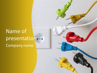 A Group Of Different Colored Electrical Plugs On A Wall PowerPoint Template