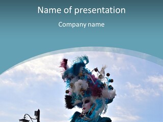A Person In A Blue Costume With Feathers On Their Head PowerPoint Template