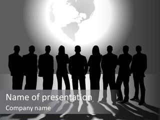 A Group Of People Standing In Front Of A Globe PowerPoint Template