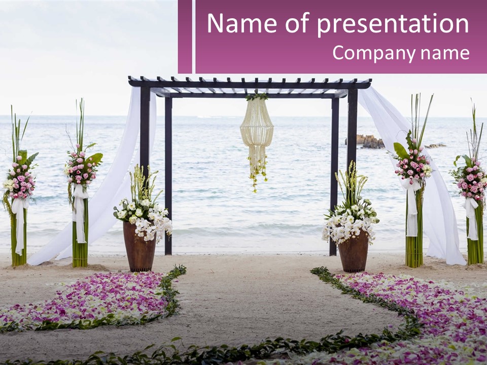 A Wedding Ceremony On The Beach With Flowers PowerPoint Template