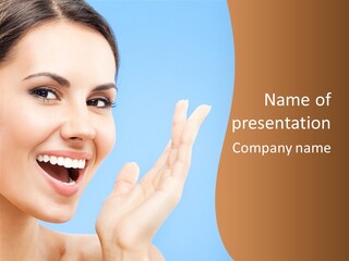 A Woman Smiling And Holding Her Hand Up To Her Face PowerPoint Template