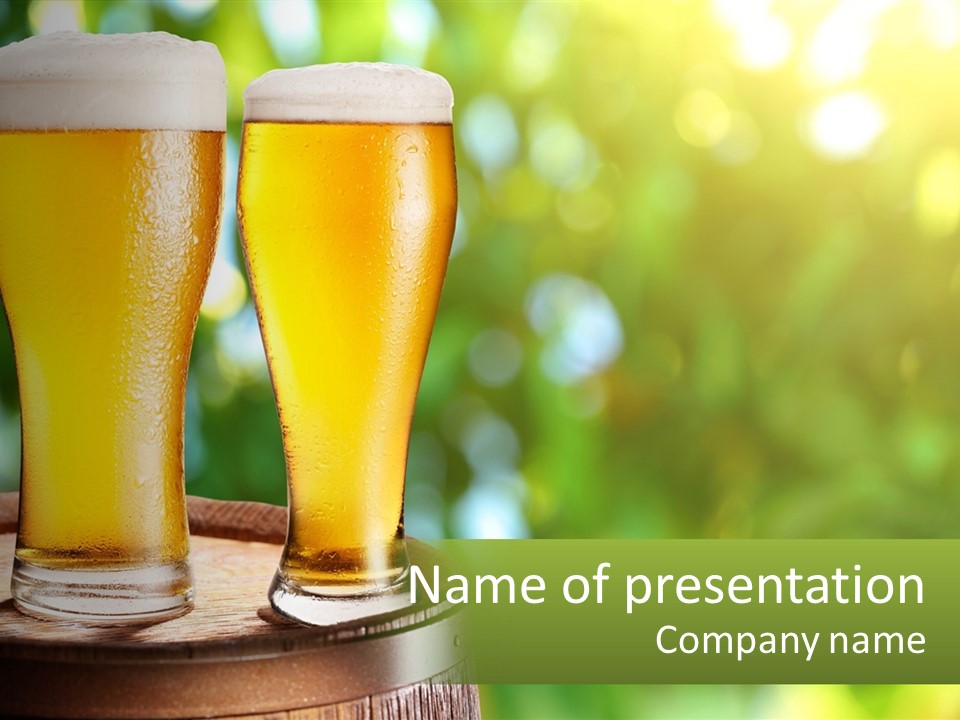 Two Glasses Of Beer Sitting On Top Of A Barrel PowerPoint Template