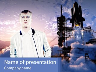 A Man Standing In Front Of A Rocket Ship PowerPoint Template