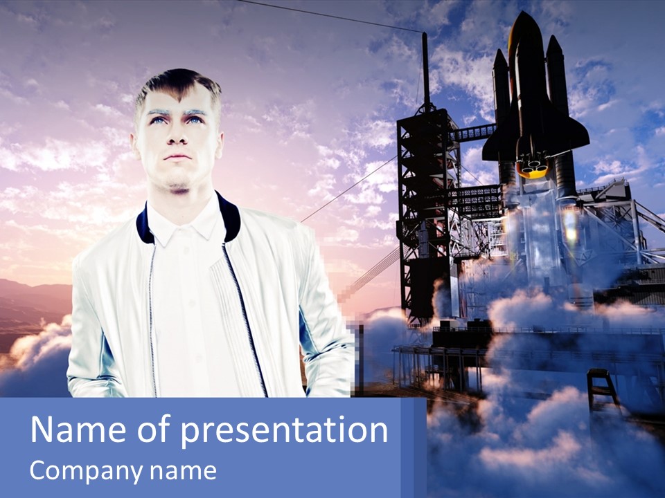 A Man Standing In Front Of A Rocket Ship PowerPoint Template