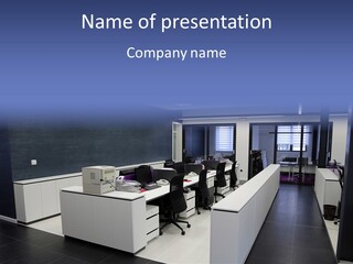 An Office With A Blackboard And White Desks PowerPoint Template