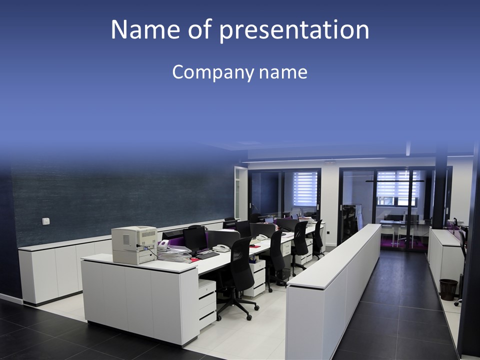 An Office With A Blackboard And White Desks PowerPoint Template