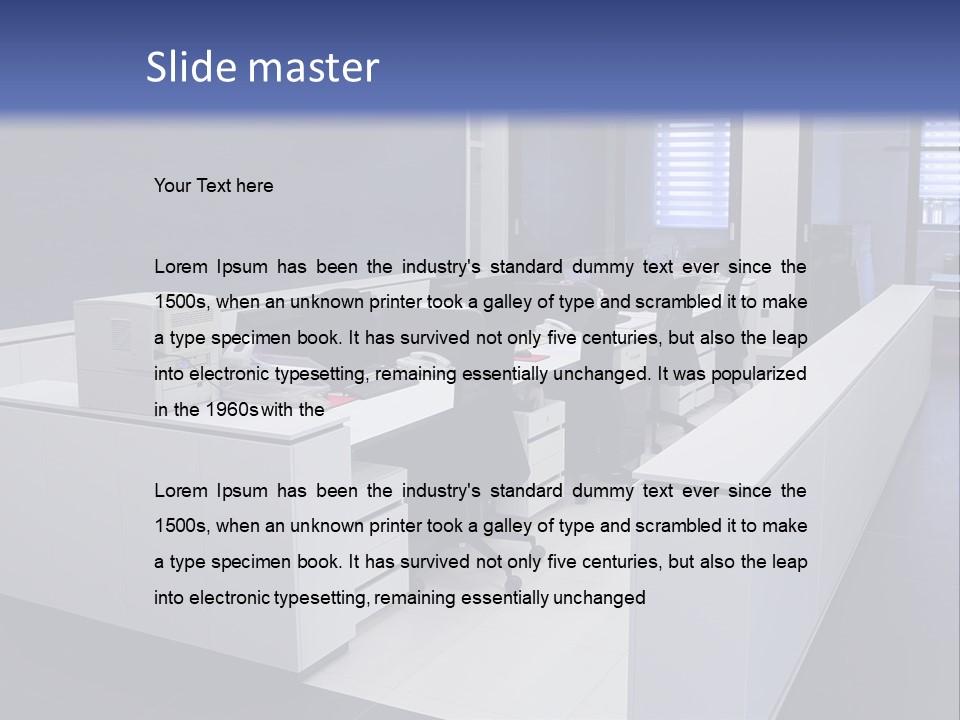 An Office With A Blackboard And White Desks PowerPoint Template