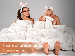 A Couple Of People Laying In Bed With Bunny Ears On Their Heads PowerPoint Template