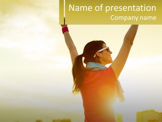 A Woman Holding Up A Sign That Says Name Of Presentation Company Name PowerPoint Template