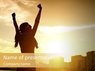 A Woman Raising Her Arms In The Air PowerPoint Template