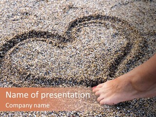 A Person's Feet In The Sand With A Heart Drawn On It PowerPoint Template