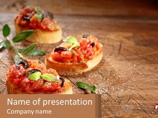 A Wooden Table Topped With Mini Pizzas Covered In Toppings PowerPoint Template