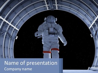 A Man In A Space Suit Is Walking Through A Tunnel PowerPoint Template