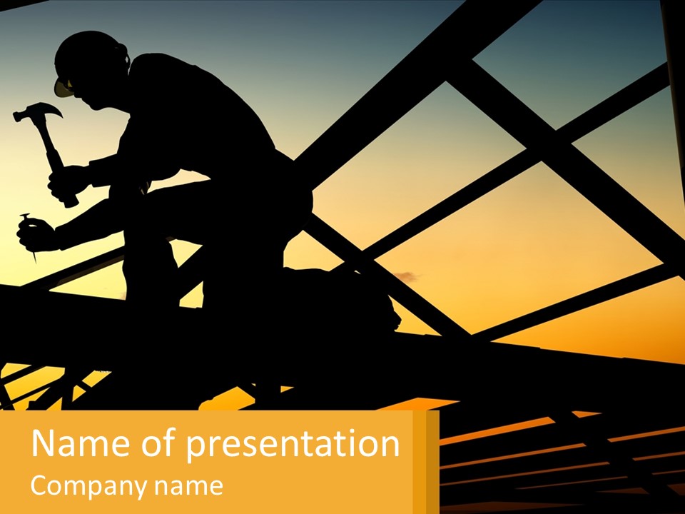 A Silhouette Of A Man Holding A Hammer On Top Of A Building PowerPoint Template