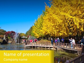 A Group Of People Walking Across A Bridge Over A Pond PowerPoint Template
