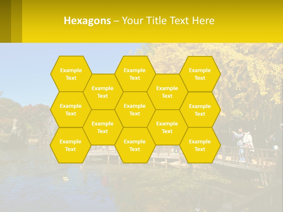 A Group Of People Walking Across A Bridge Over A Pond PowerPoint Template