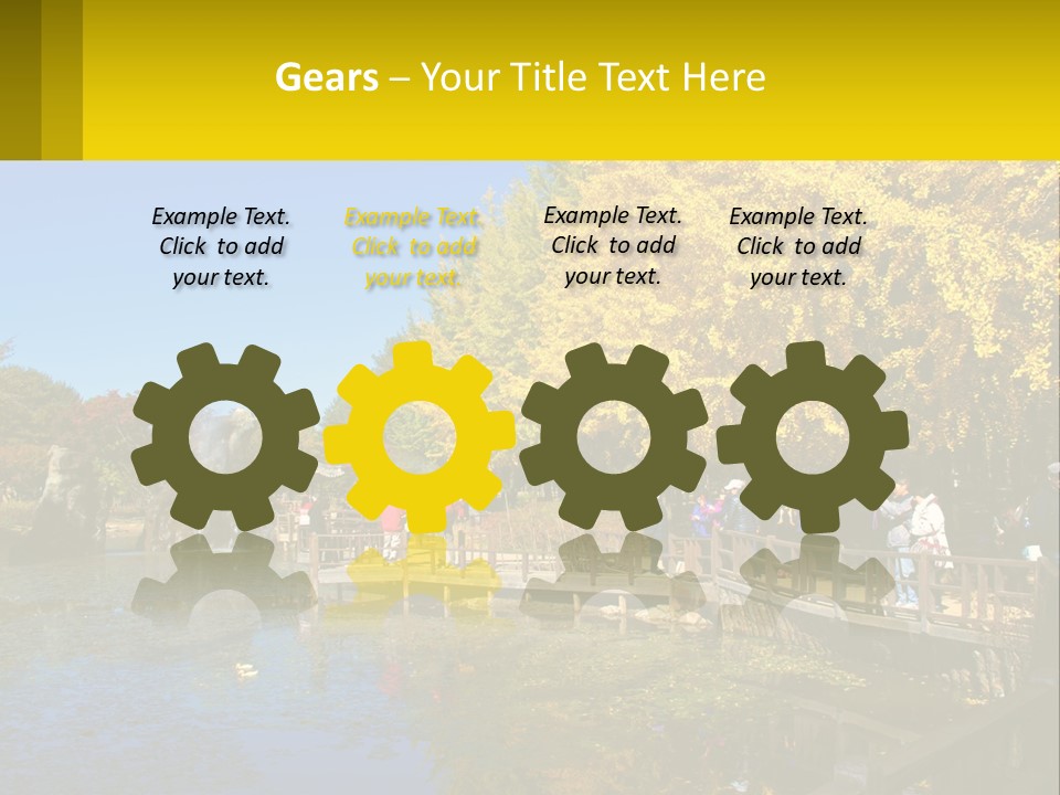 A Group Of People Walking Across A Bridge Over A Pond PowerPoint Template